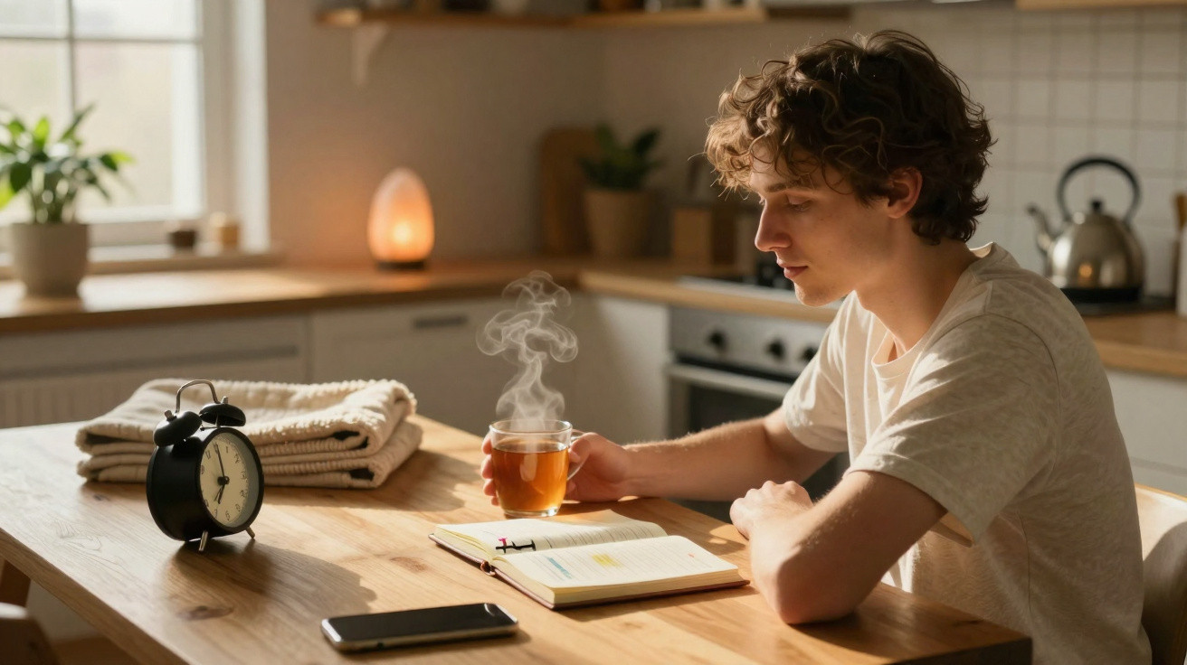 Junger Mann liest am Küchentisch ein Buch und hält dampfende Tasse Tee in gemütlicher Morgenstimmung.