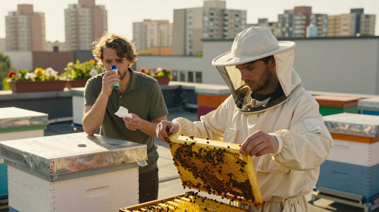 Imker in Schutzkleidung untersucht Bienenwabe, während eine Person im Hintergrund hustet auf einem Stadtdach.