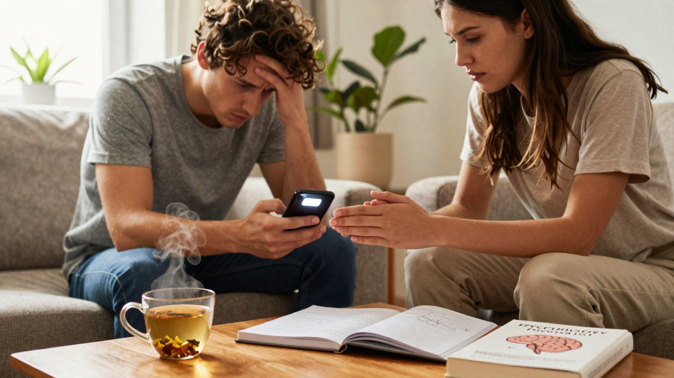 Zwei junge Menschen sitzen auf dem Sofa, konzentrieren sich auf Smartphone und Bücher mit Tee auf dem Tisch.