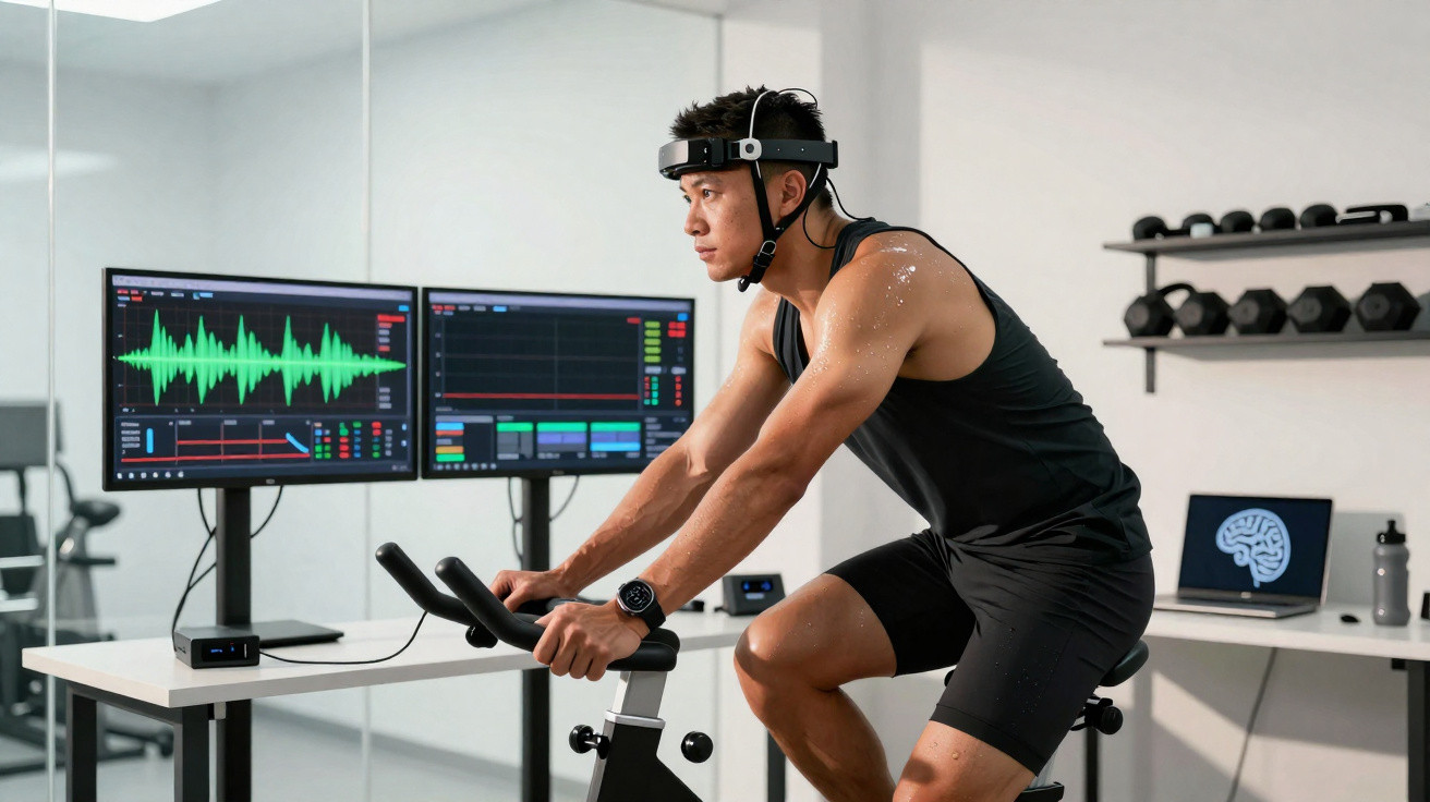 Mann trainiert auf Heimtrainer mit Headset, vor Monitoren mit Echtzeit-Datenanalyse im Fitnessraum.