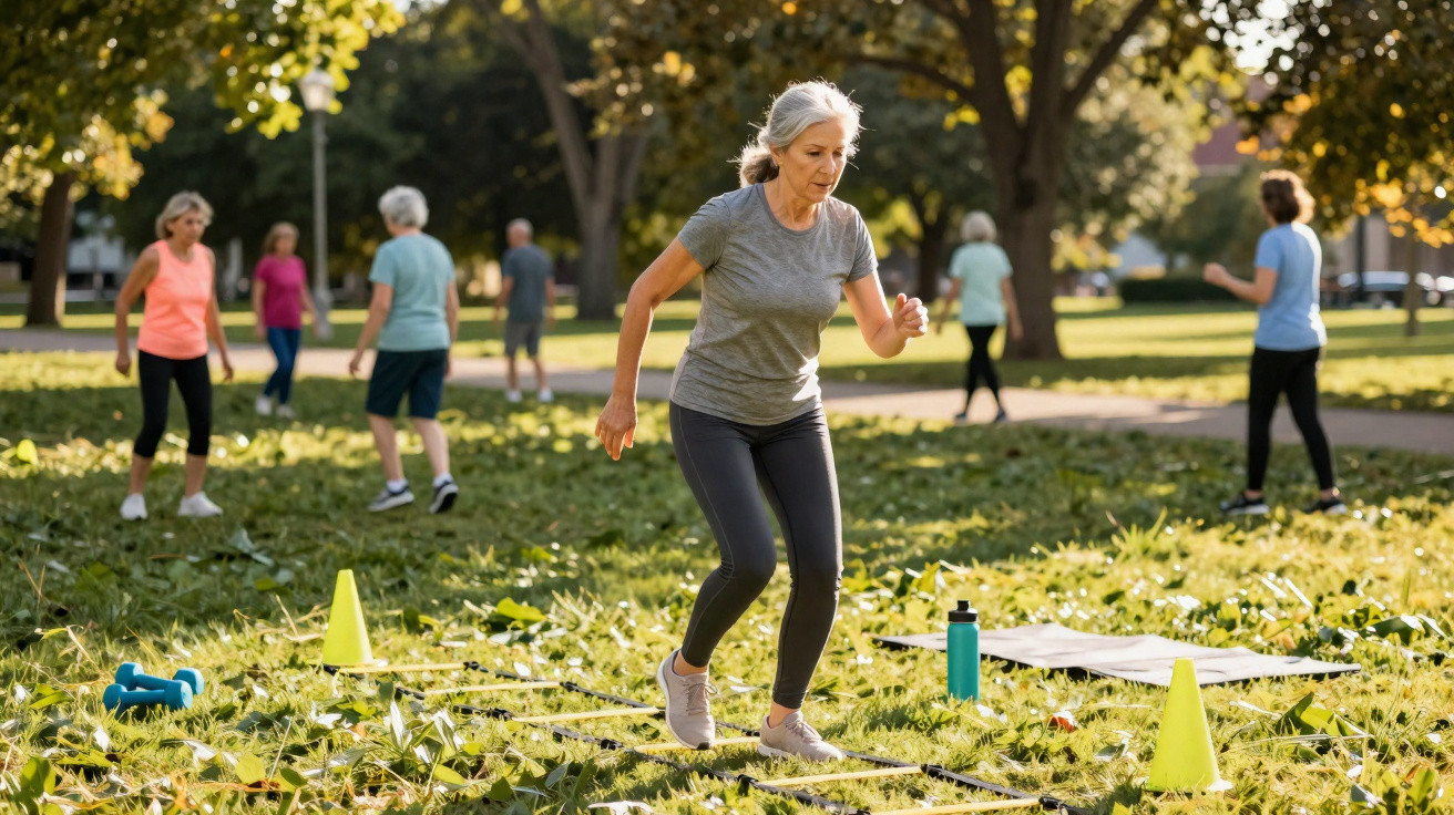 Ältere Frau macht im Park Outdoor-Fitness mit Koordinationsleiter, andere trainieren im Hintergrund.