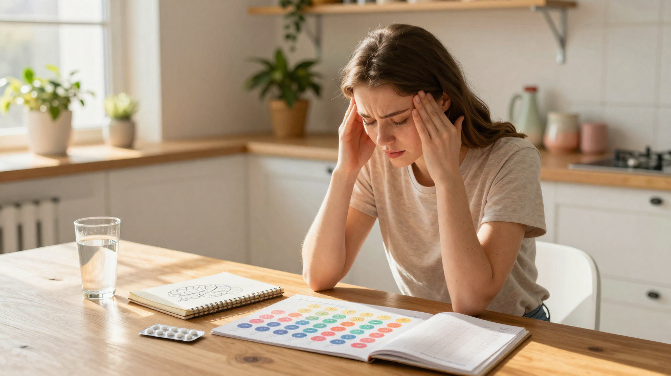Junge Frau sitzt am Küchentisch, hält schmerzbedingt ihre Schläfen, vor ihr Kalender, Notizbuch, Tabletten und Wasserglas.