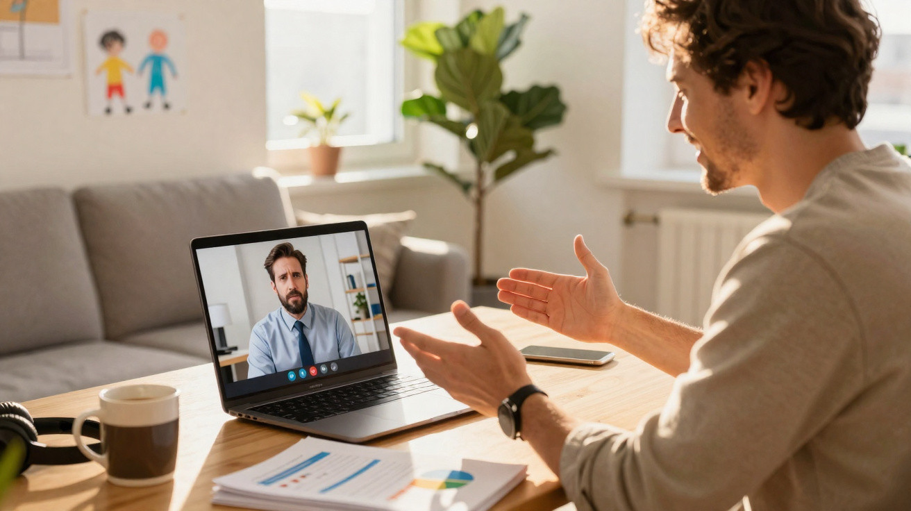 Mann führt Videokonferenz am Laptop mit Unterlagen und Kaffeetasse auf dem Tisch im Wohnzimmer.