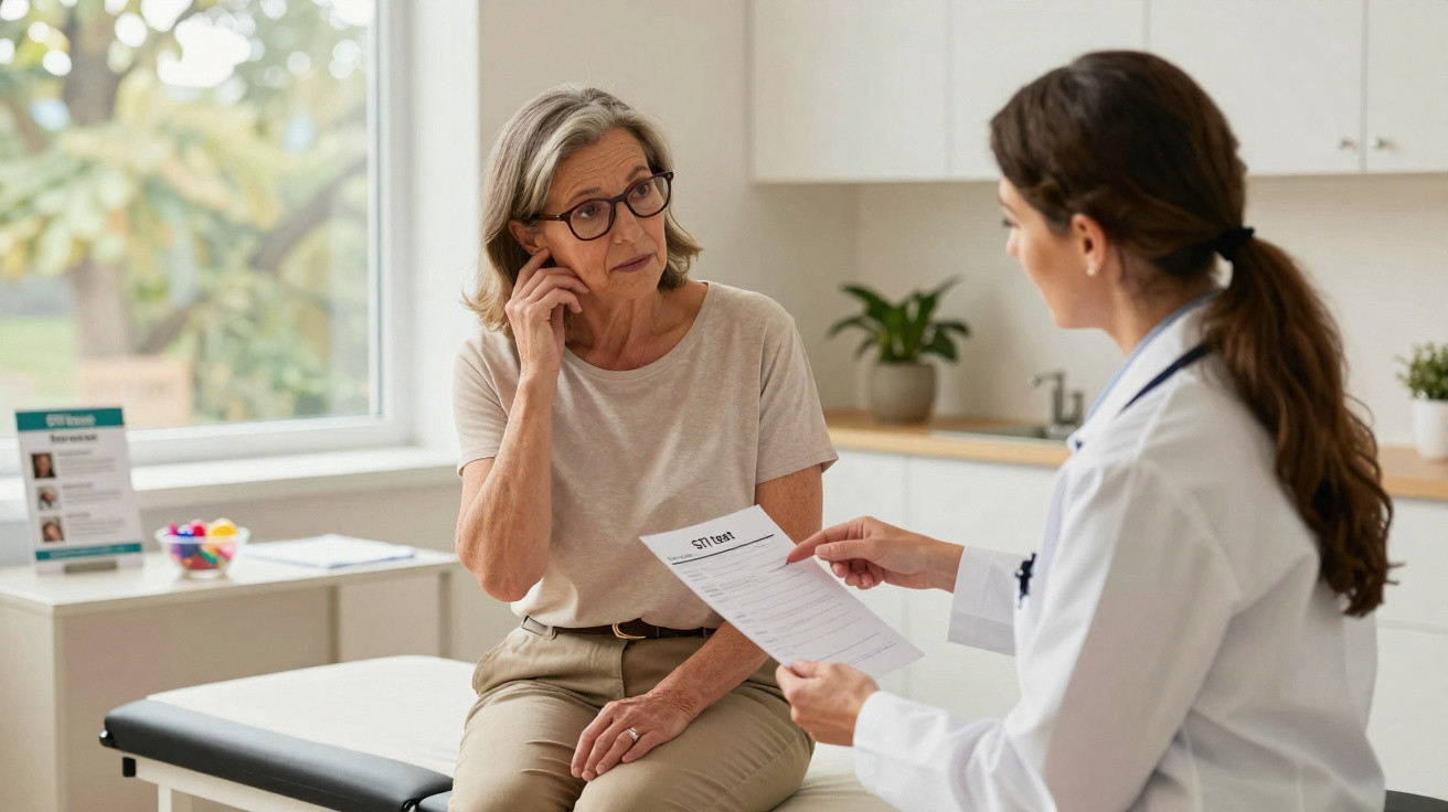 Ärztin erklärt einer älteren Patientin im Behandlungszimmer ein Formular während der Untersuchung.