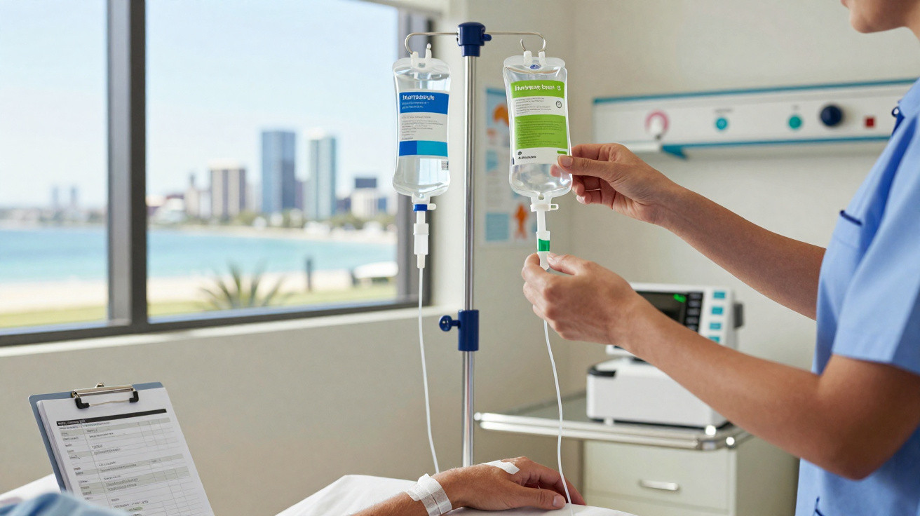Krankenpfleger stellt Infusion am Bett eines Patienten in Zimmer mit Aussicht auf Stadt und Wasser ein.