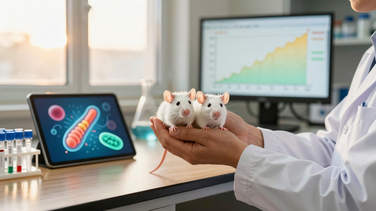 Forscher hält zwei weiße Laborratten vor Bildschirmen mit Grafiken und Mikrobiologie-Illustrationen im Labor.