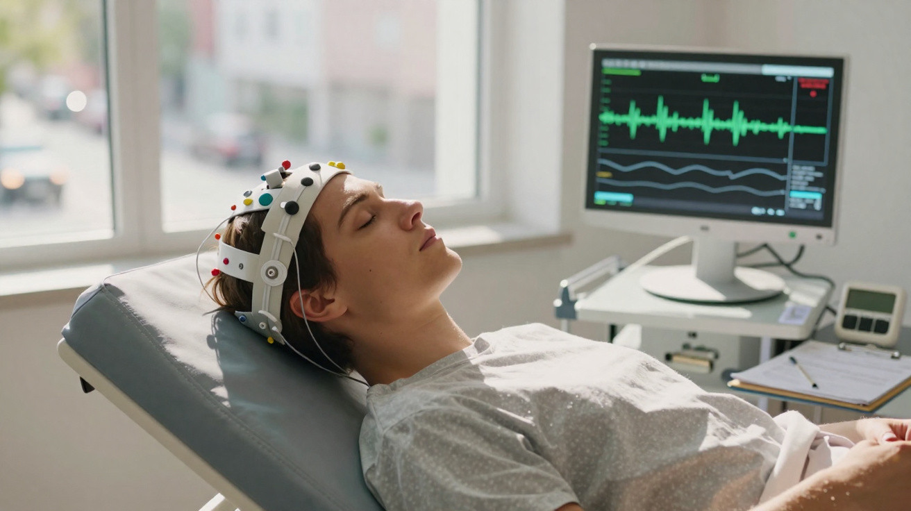 Junge Frau mit EEG-Haube liegt entspannt auf Behandlungsstuhl, im Hintergrund Monitor mit Hirnströmen.