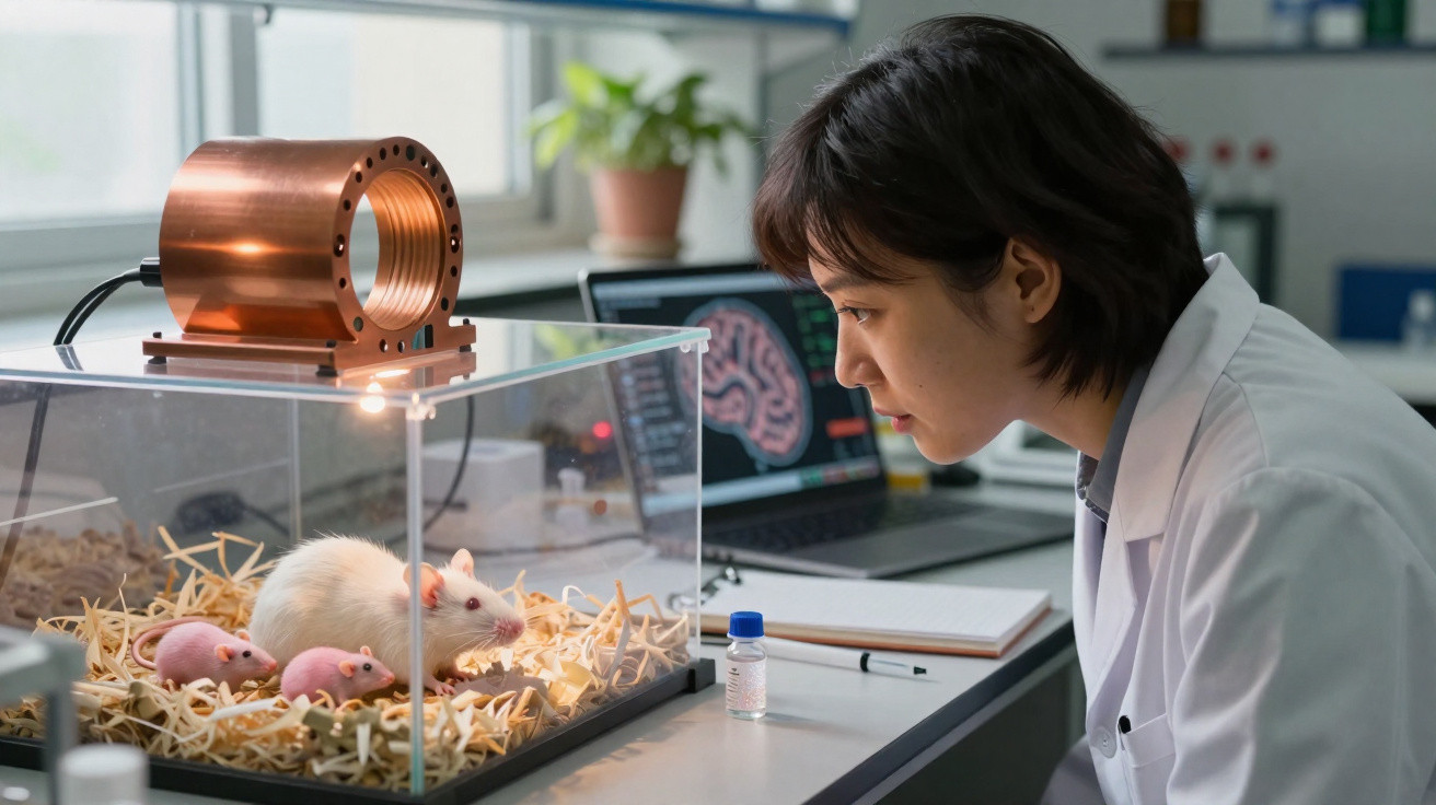 Wissenschaftlerin beobachtet weiße Laborratten in einem Käfig im Forschungslabor mit Computer und Notizbuch.