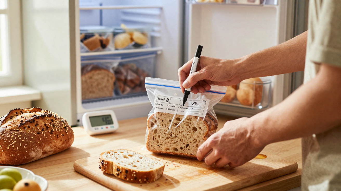 Person beschriftet einen Brotscheibenbeutel an einem Holztisch vor offenem Kühlschrank mit verschiedenen Lebensmitteln.
