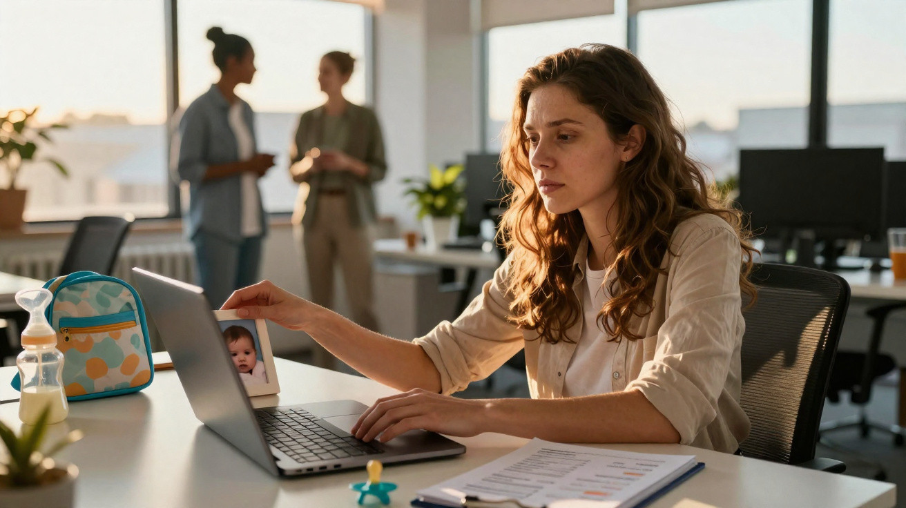 Junge Frau am Schreibtisch im Büro, blickt auf ein Babyfoto neben ihrem Laptop, Hintergrund mit zwei Kolleginnen.