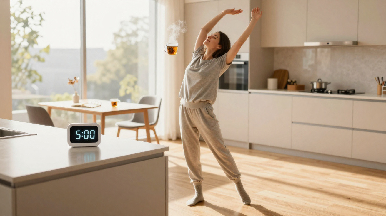 Frau streckt sich in der Küche am Morgen, neben digitaler Uhr und dampfender Teetasse auf der Arbeitsfläche.