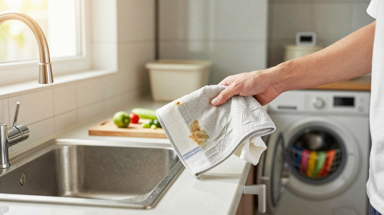 Hand mit schmutzigem Küchentuch über Spülbecken in heller Küche mit Waschmaschine im Hintergrund.