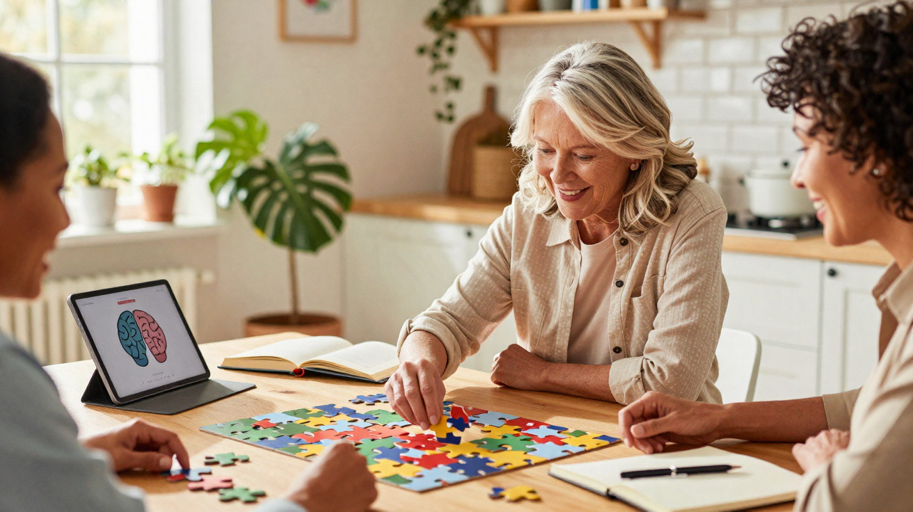 Drei Frauen lösen gemeinsam buntes Puzzle am Tisch, im Hintergrund Tablet mit Gehirnillustration.
