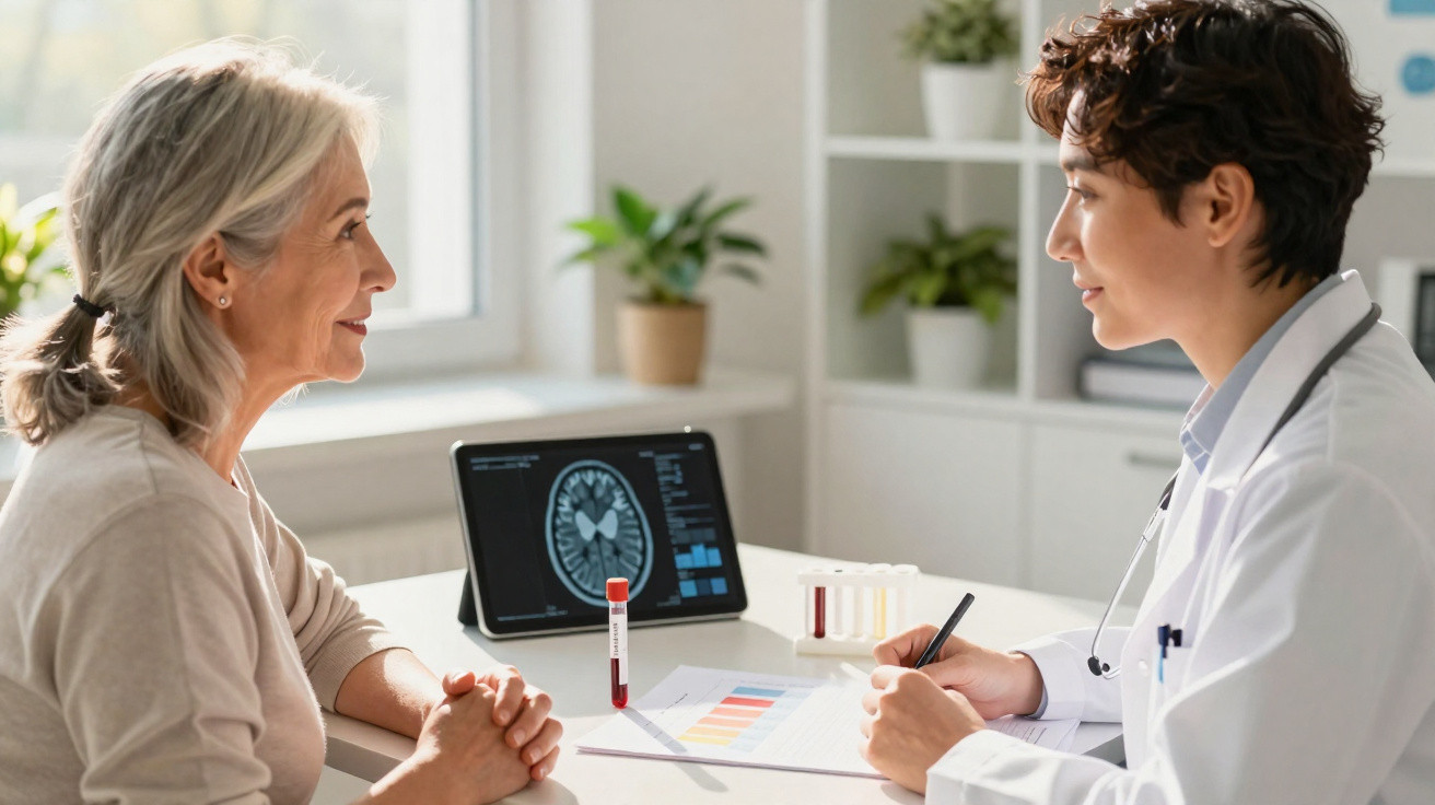 Ärztin im Gespräch mit älterer Patientin, Blutprobe und Brain-Scan auf Bildschirm im Hintergrund sichtbar.