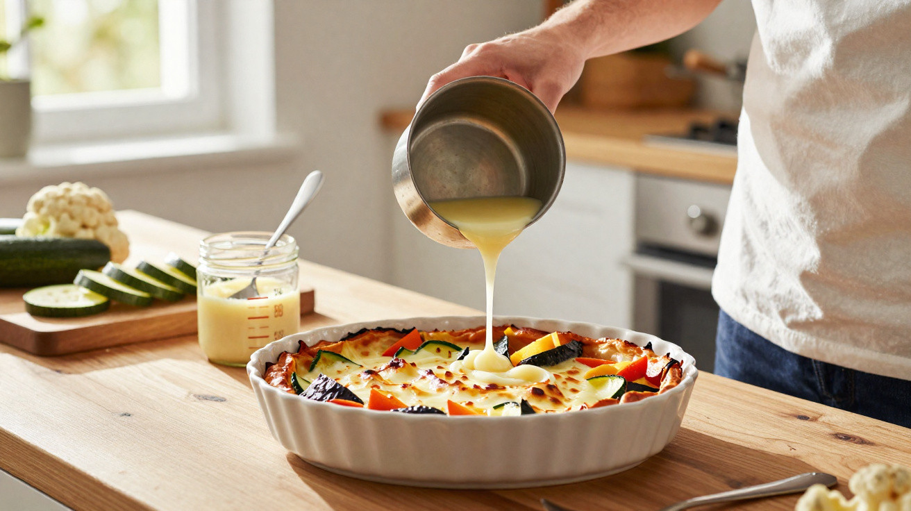 Person gießt Sauce über gebackenes Gemüse in Auflaufform in heller Küche.