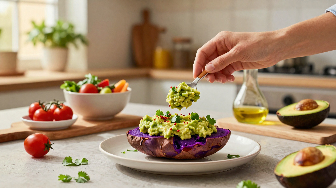 Hand füllt gebackene Süßkartoffel mit Avocado und frischen Kräutern in moderner Küche.
