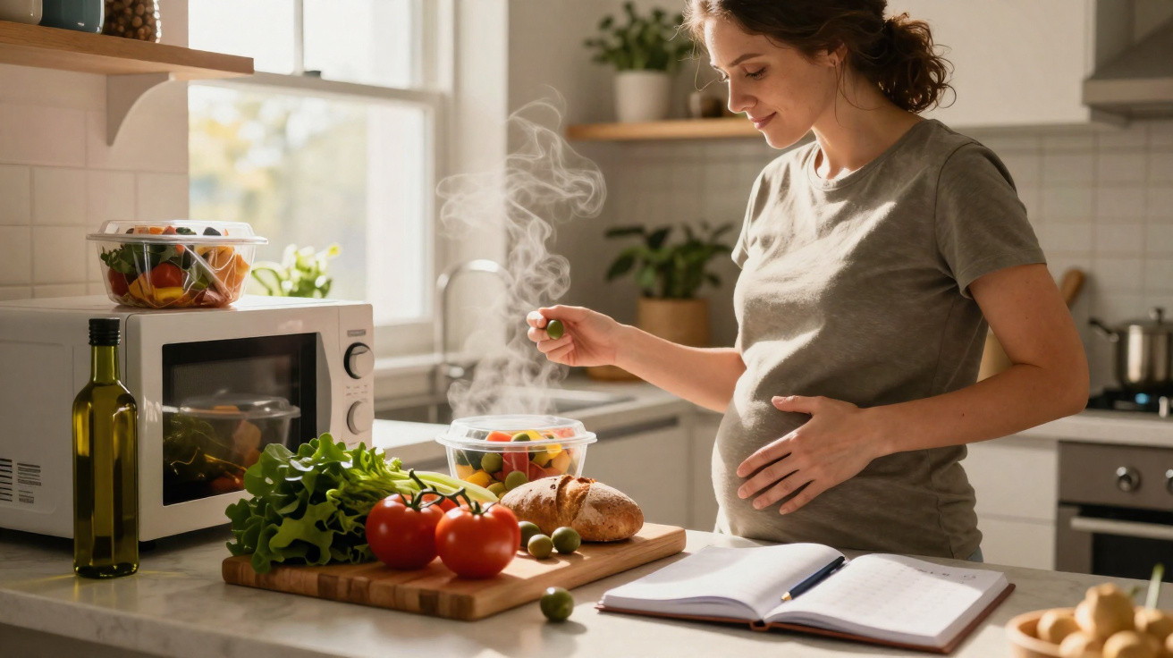 Schwangere Frau bereitet Mittagessen in der Küche vor, frisches Gemüse und Brot auf der Arbeitsplatte