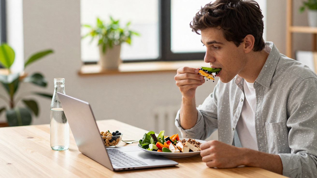 Junger Mann isst gesunde Mahlzeit mit Gemüse am Tisch und schaut auf seinen Laptop.