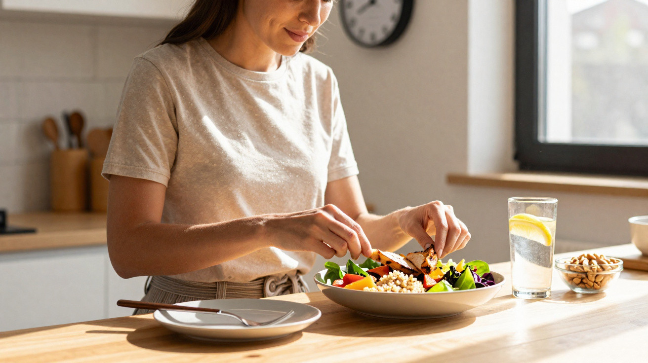Frau bereitet gesunden Salat mit Süßkartoffelchips in heller Küche vor, Wasser mit Zitrone daneben.