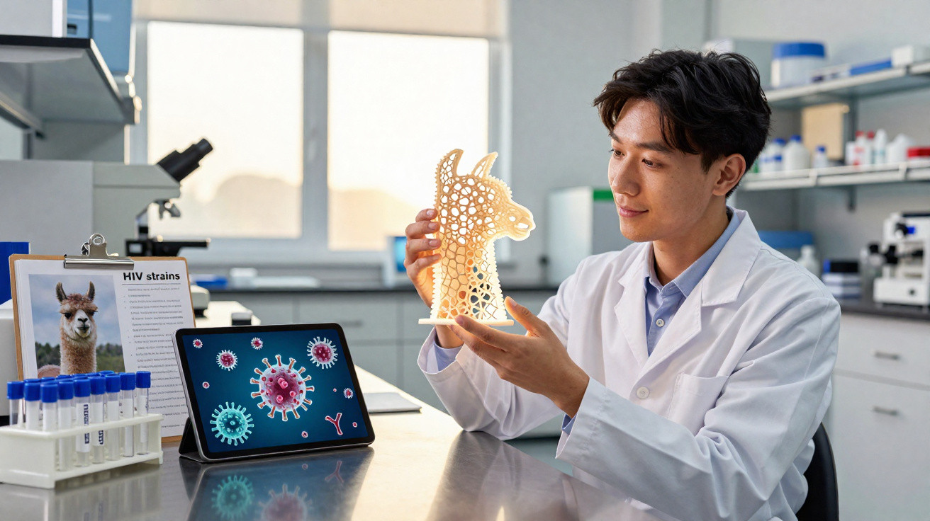 Wissenschaftler im Labor hält ein 3D-Modell eines Lamas, digitale Virusillustrationen auf Tablet sichtbar.