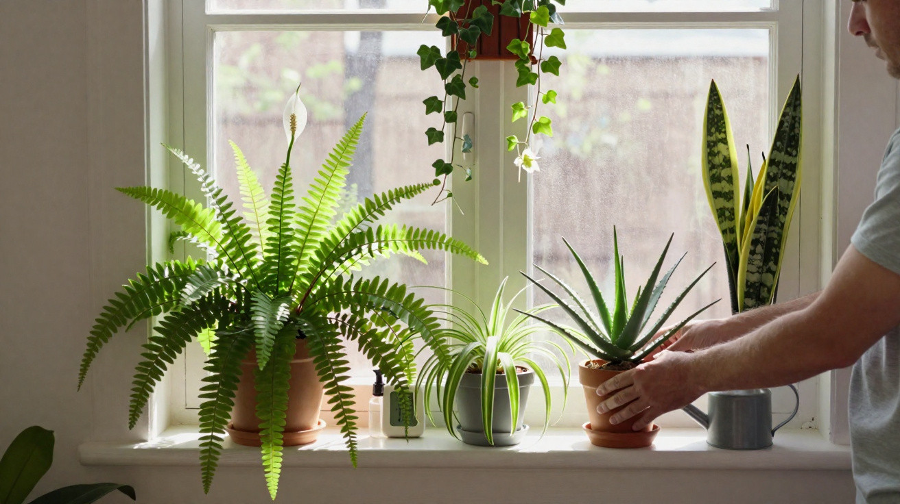 Zimmerpflanzen wie Farn, Aloe Vera und Grünlilie auf Fensterbank mit Person beim Gießen.