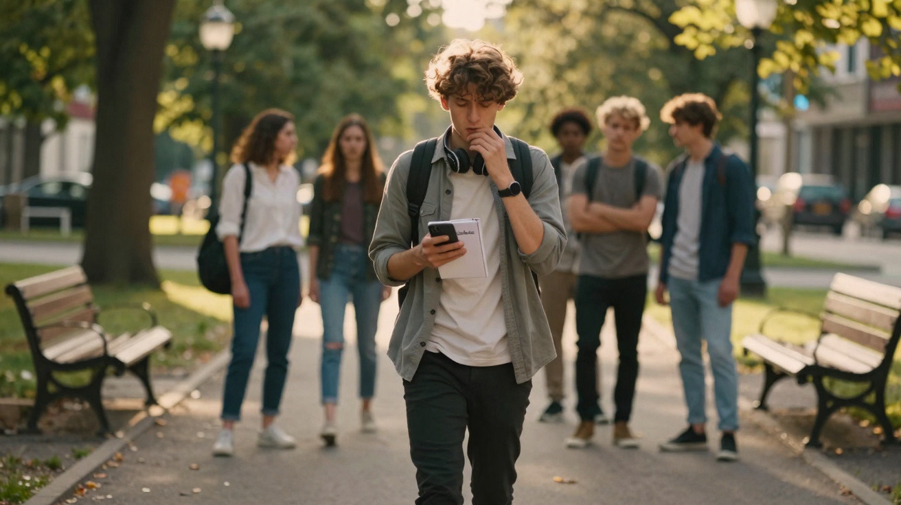 Jugendlicher mit Smartphone und Notizblock wird von fünf Jugendlichen in Park verfolgt.