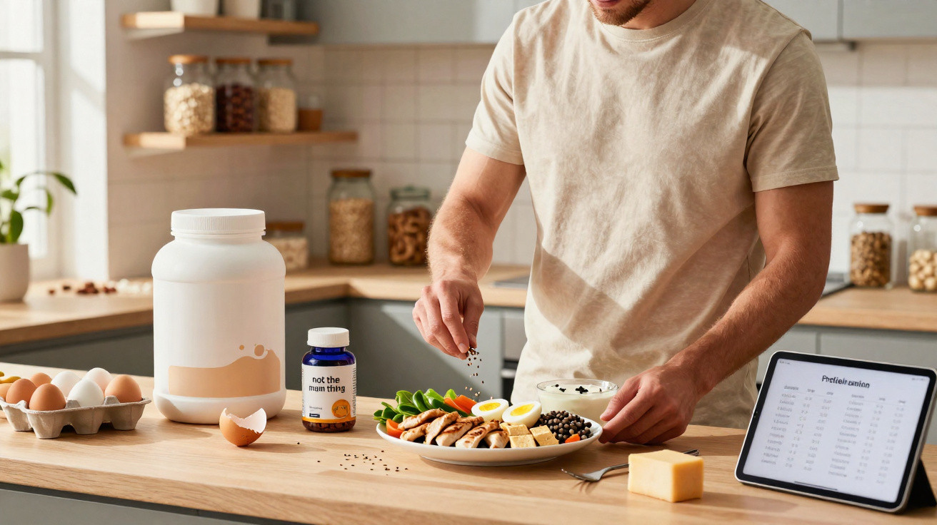 Mann bestreut Teller mit Ei, Gemüse und Hühnchen in heller Küche mit Proteinpulver und Tablet.