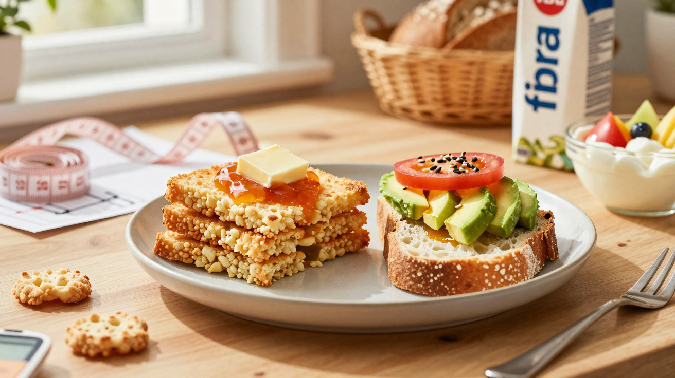 Teller mit Butterkeksstapel mit Butter und Marmelade und Brot mit Avocado, Tomate, Getränke und Frühstückszubehör auf Holztis