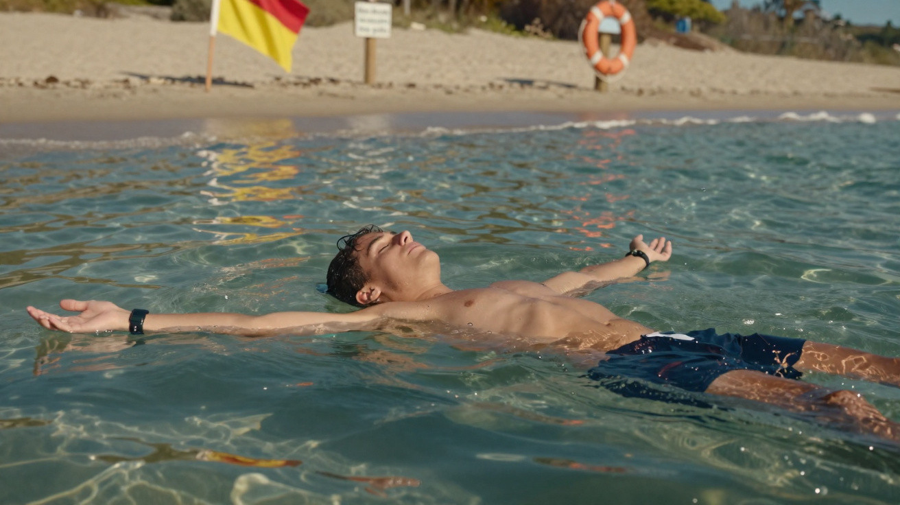 Junger Mann entspannt auf dem Rücken schwimmend im klaren Meer vor einem bewachten Strand.