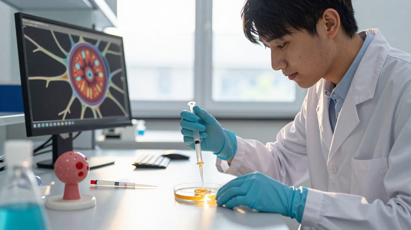 Wissenschaftler mit Laborjacke und Handschuhen pipettiert Flüssigkeit in eine Petrischale vor Computer mit Zellgrafik.