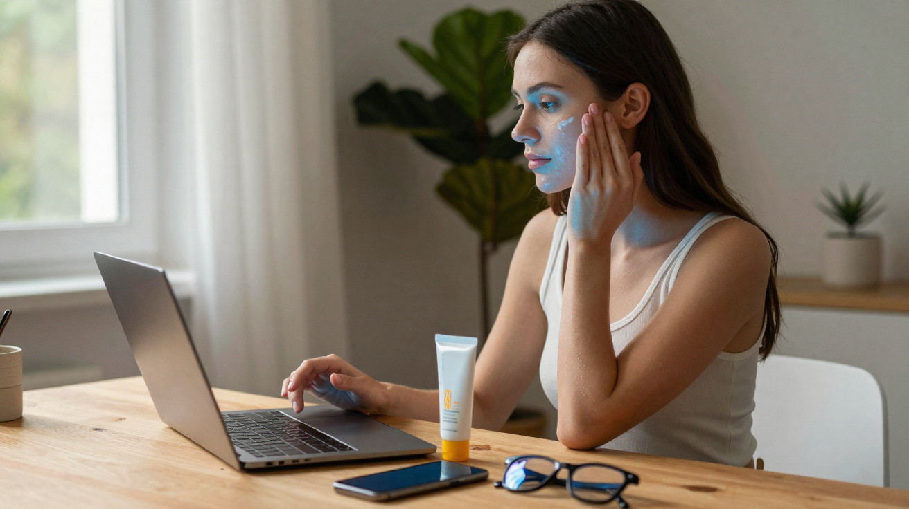 Frau trägt blauen Gesichtsmasken-Creme auf und nutzt Laptop an einem Holztisch im hellen Raum.