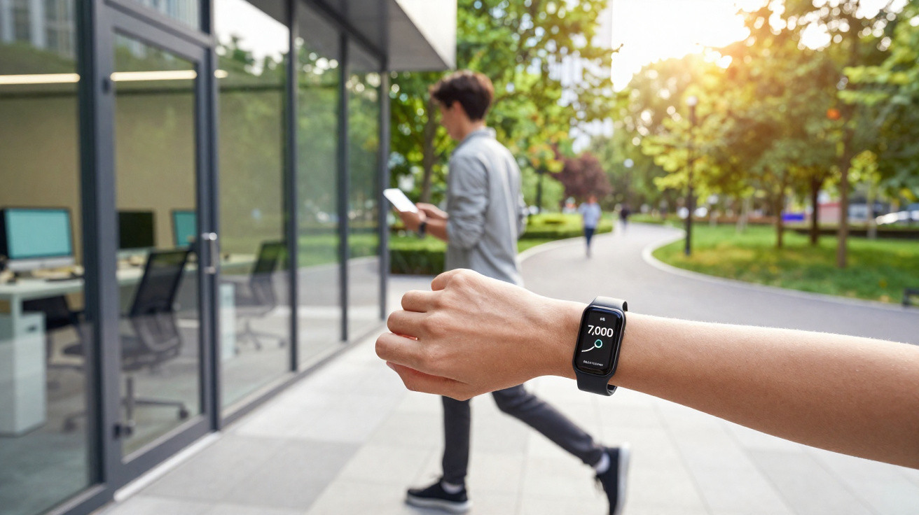 Arm mit Fitness-Tracker zeigt 7000 Schritte, im Hintergrund Person draußen mit Smartphone an einem Bürogebäude.