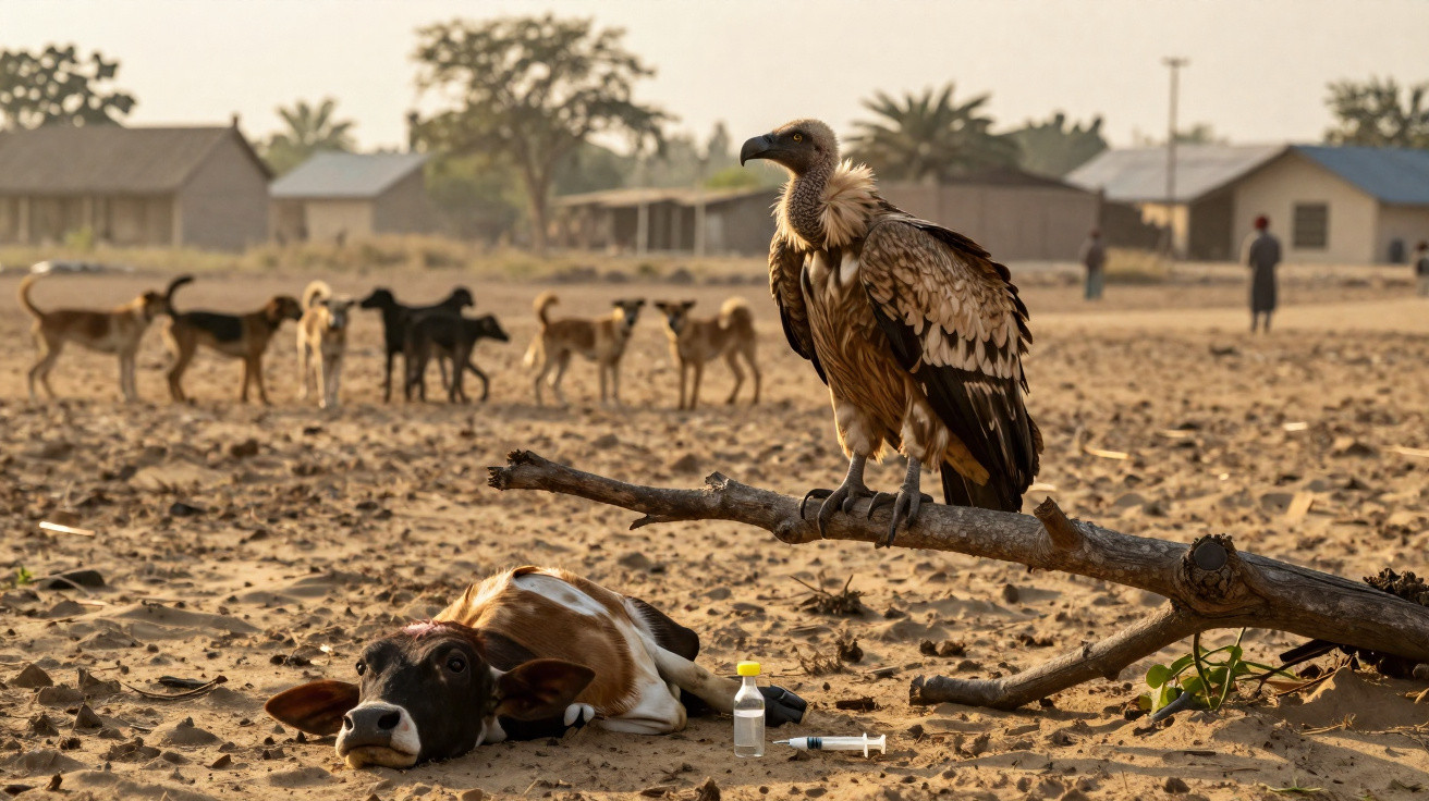 Geier auf Ast über verletztem Kalb im Sand, im Hintergrund Streunerhunde und Häuser bei Sonnenlicht.