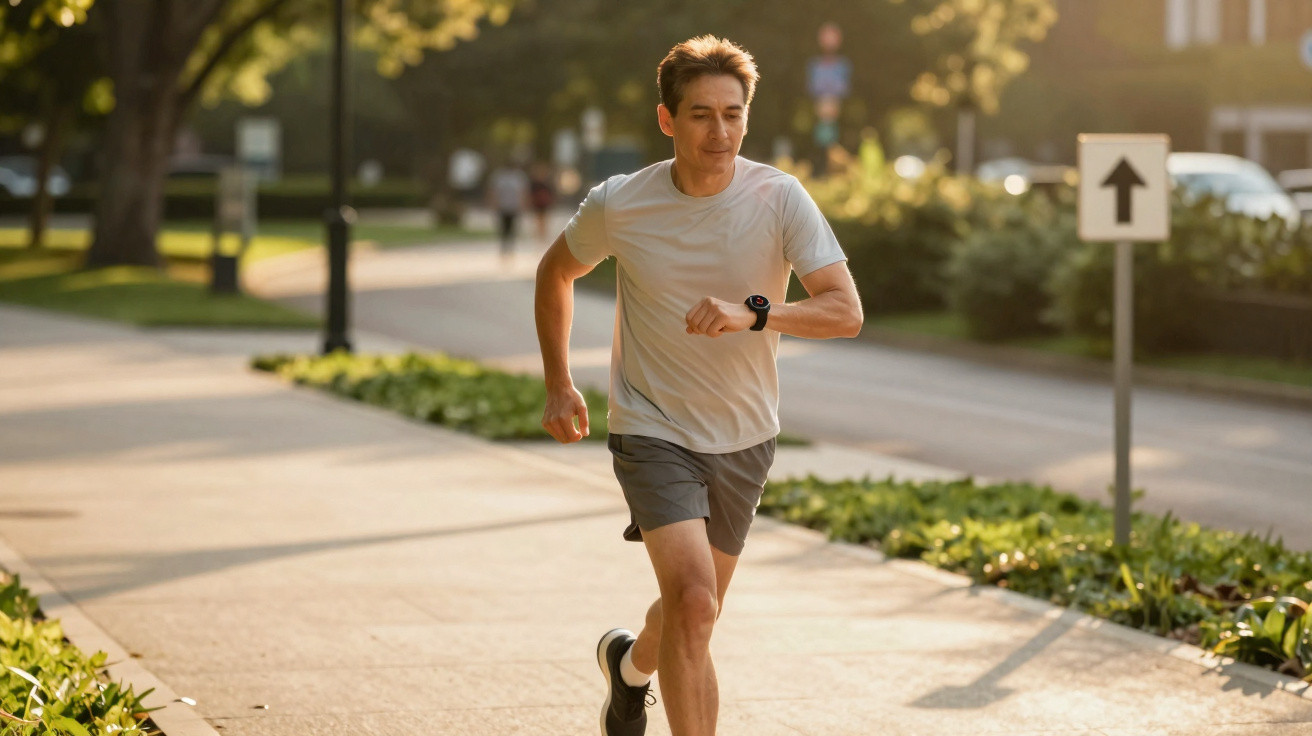Mann joggt auf Gehweg im Park bei Sonnenlicht und trägt Sportkleidung mit Smartwatch am Handgelenk.