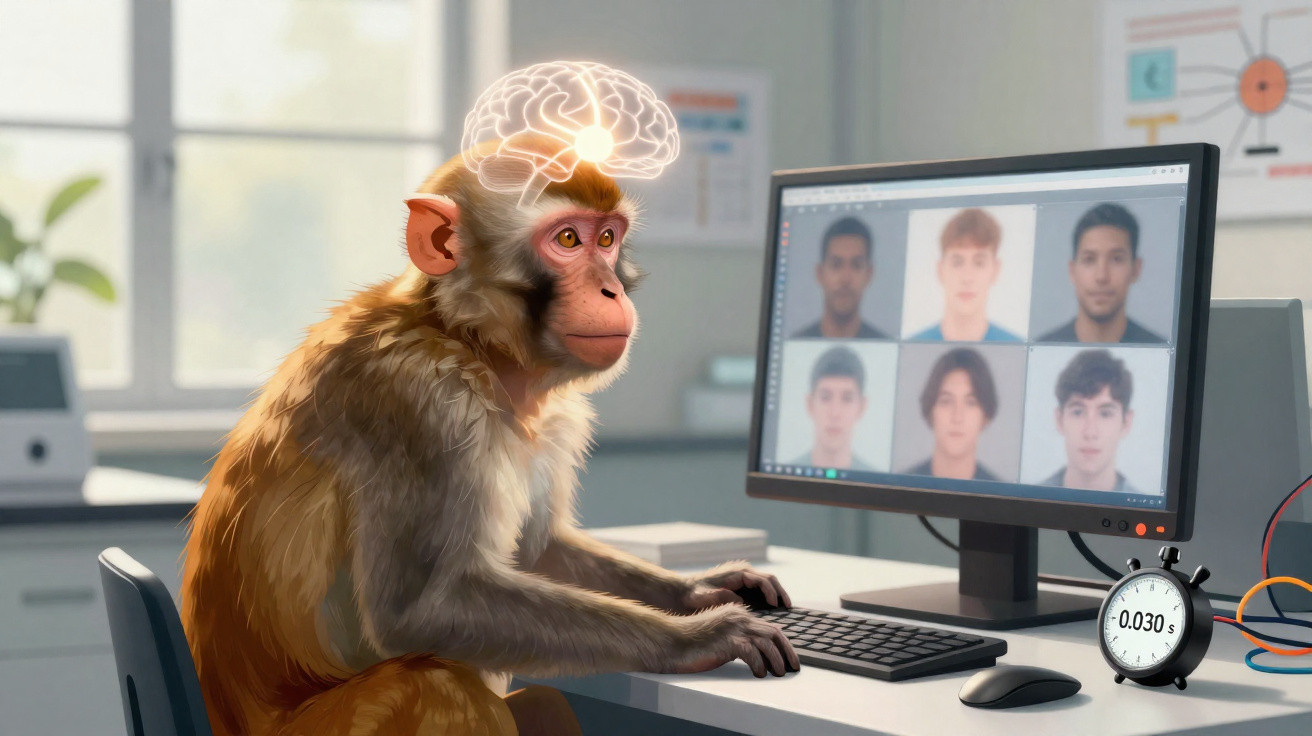 Affe sitzt am Schreibtisch vor Computer mit Videokonferenz, Gehirn leuchtet zur Konzentration, Stoppuhr zeigt 0,030 Sekunden.