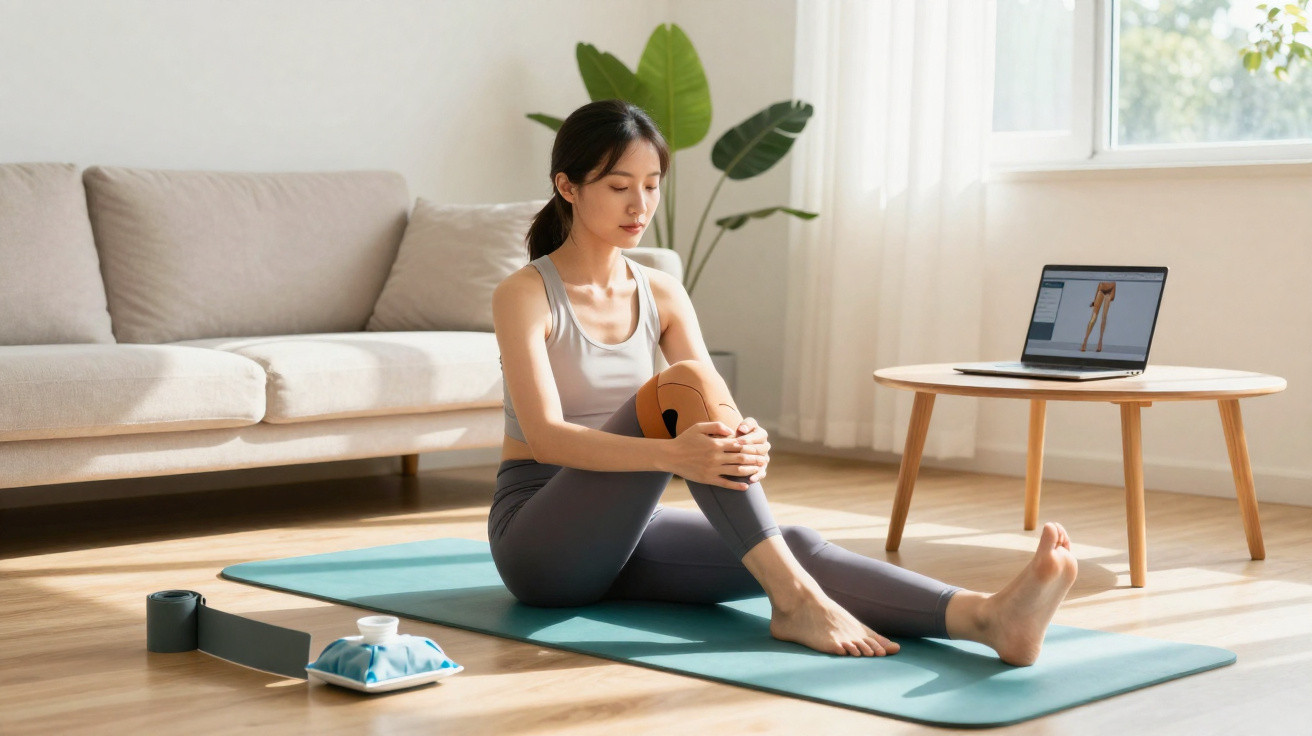 Frau macht Beinübungen auf Matte im Wohnzimmer mit Laptop und Fitnessband neben sich.