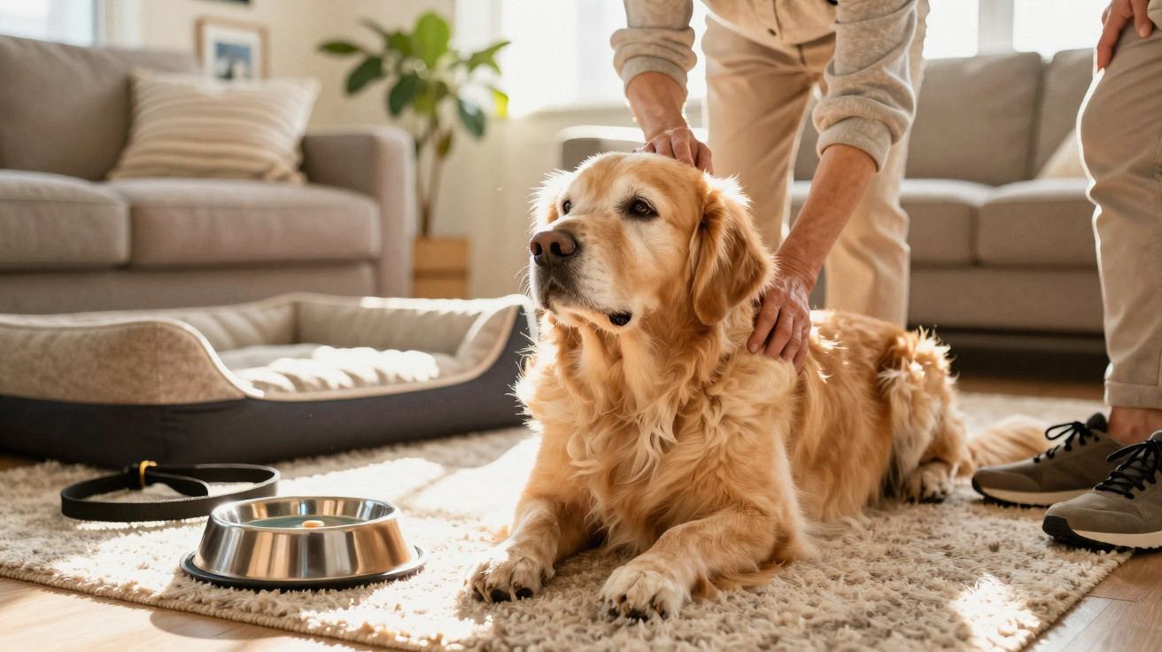 Goldener Retriever liegt auf Teppich, zwei Personen streicheln ihn in einem hellen Wohnzimmer.
