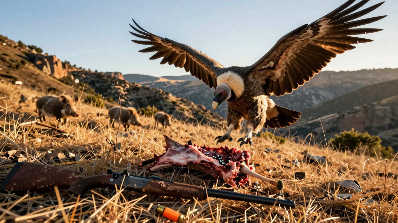 Geier landet auf Aas neben Jagdgewehr in trockener Berglandschaft mit Wildschweinen im Hintergrund.