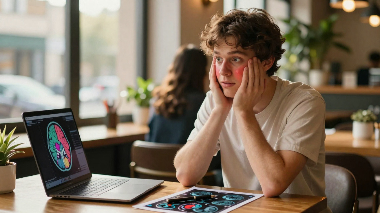 Junger Mann mit geröteten Wangen sitzt nachdenklich vor Laptop und Gehirnscan im Café.