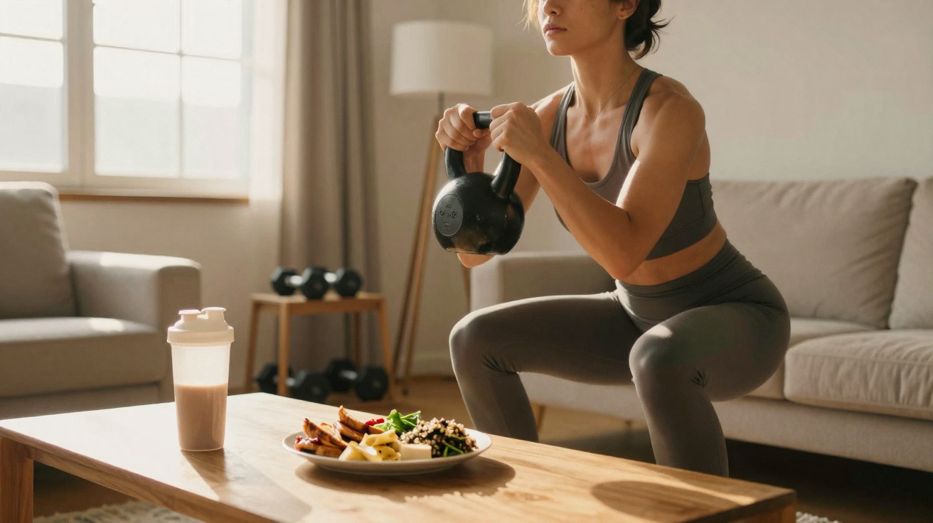 Frau trainiert mit Kettlebell im Wohnzimmer mit gesunder Mahlzeit und Shake auf Holztisch im Vordergrund.